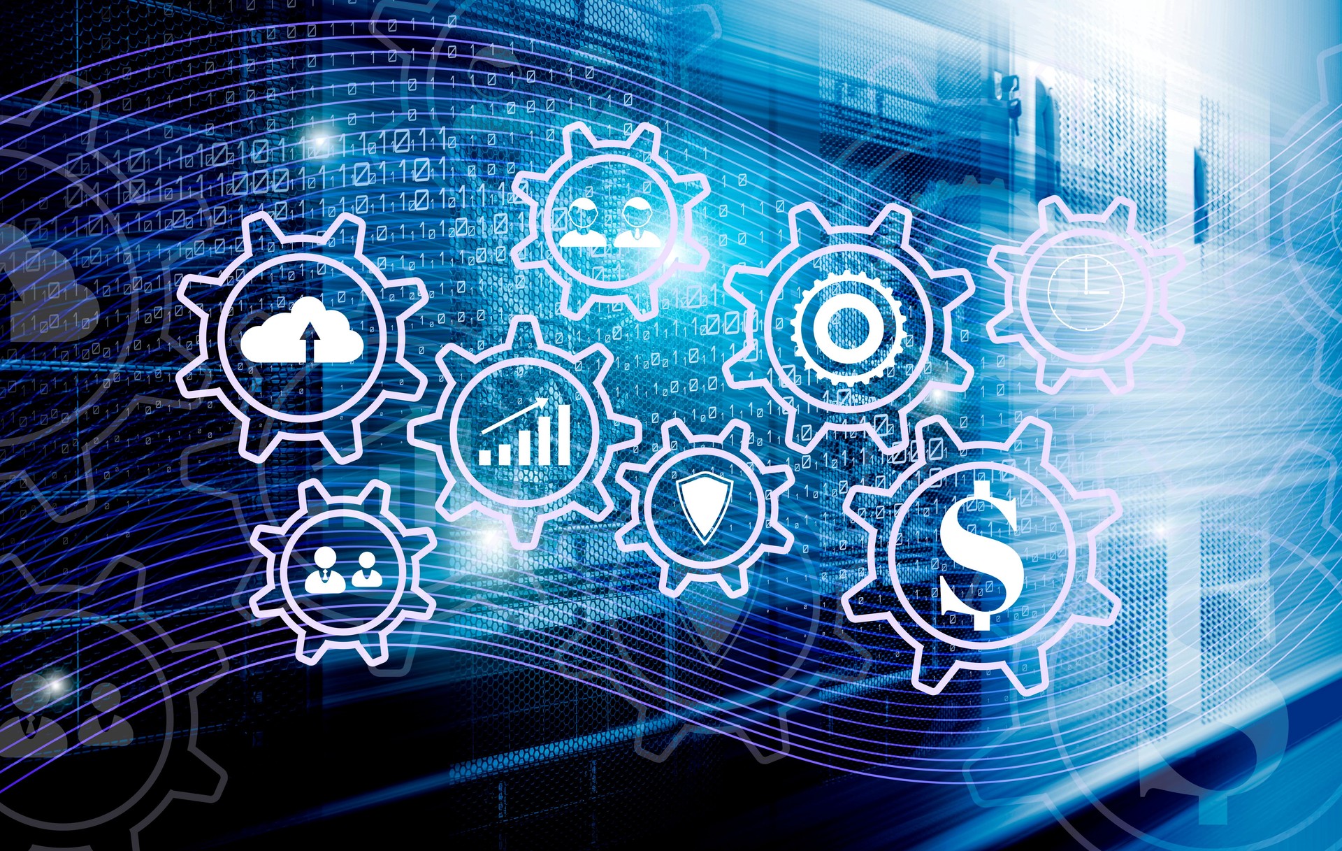 3d render visualization of ERP systems for managing digital flows, information, enterprise, and resources. Hud hologram on background of data flow and high-speed server equipment, blur in motion, fast data transfer and processing.