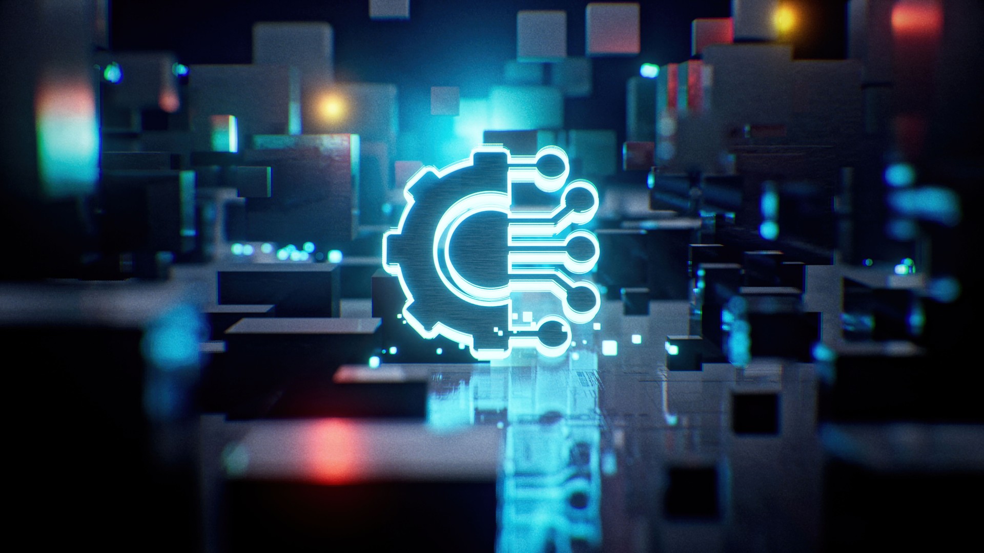 Glowing gear symbol processing in action with light trails as data flows. Digital technology concept representing modern tech, preferences and settings
